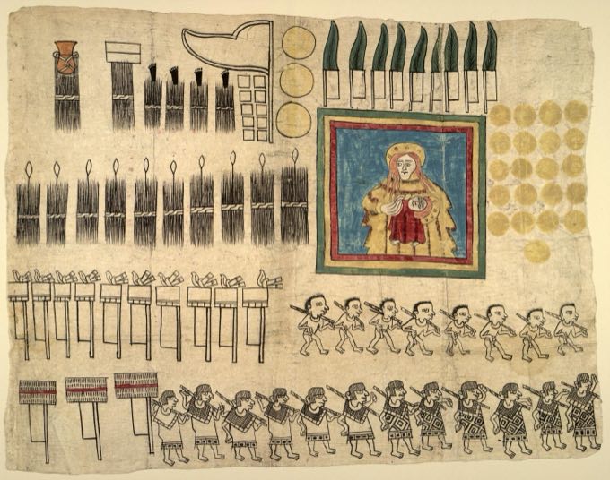 Huexotzinco Codex sheet with tribute pictograph regions outlined.