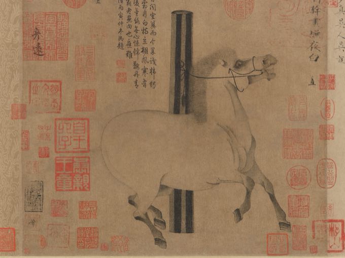 Tang dynasty handscroll of Night-Shining White covered in red collector seals, seal clusters outlined.