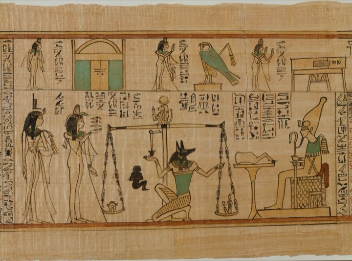 Book of the Dead papyrus with hieroglyphic text columns and the weighing-of-the-heart vignette outlined.
