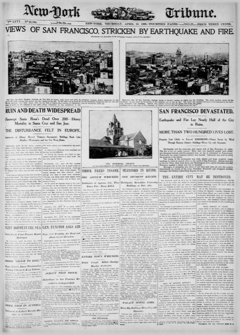 1906 New-York Tribune front page with machine-detected headline and photo regions outlined.